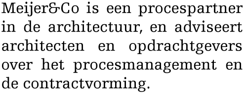 Meijer&Co is een procespartner in de architectuur, en adviseert architecten en opdrachtgevers over het procesmanagement en de contractvorming.